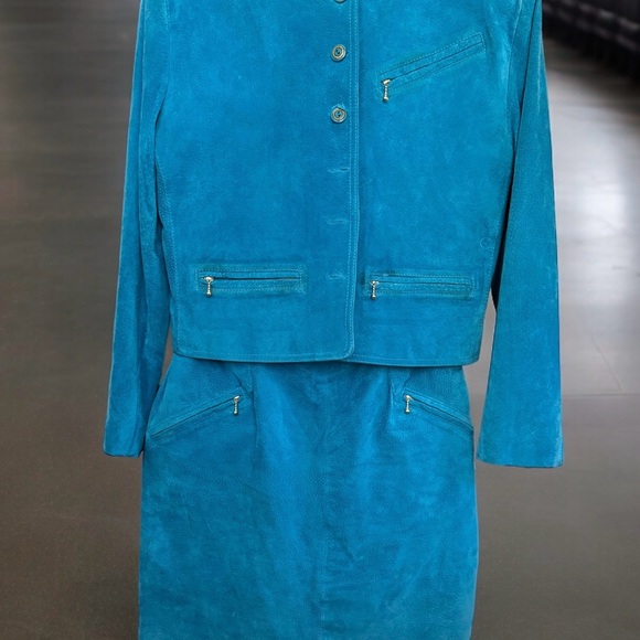 Margaret Godfrey  Union Made Turquoise Suede Skirt Suit  Vtg S 10 - Picture 3 of 14